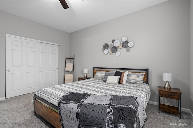 bedroom featuring carpet, a closet, and ceiling fan