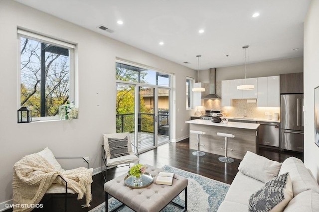 living room featuring a wealth of natural light, dark wood-type flooring, and sink