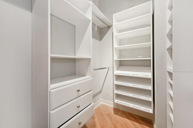 walk in closet with light hardwood / wood-style flooring