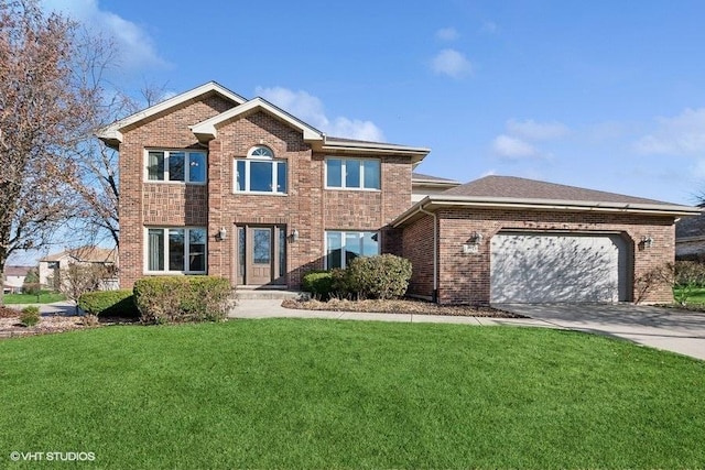 view of front of property with a garage, a front yard, concrete driveway, and brick siding