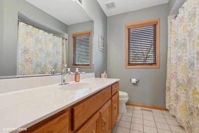 bathroom with baseboards, visible vents, toilet, tile patterned floors, and vanity