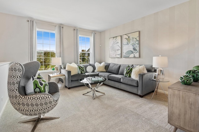 living room featuring light colored carpet