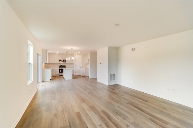 unfurnished living room featuring sink and light hardwood / wood-style floors