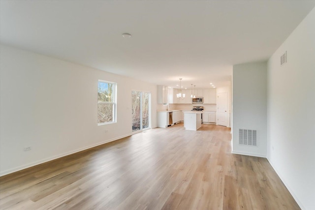 unfurnished living room featuring sink and light hardwood / wood-style flooring