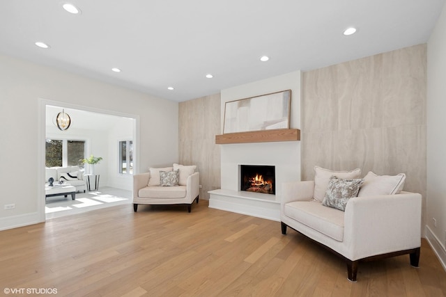 living area with light hardwood / wood-style floors and a large fireplace