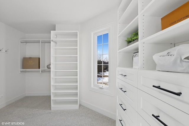 spacious closet featuring light colored carpet