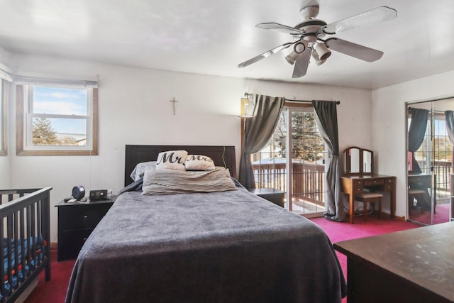 bedroom featuring carpet flooring, ceiling fan, access to exterior, and multiple windows