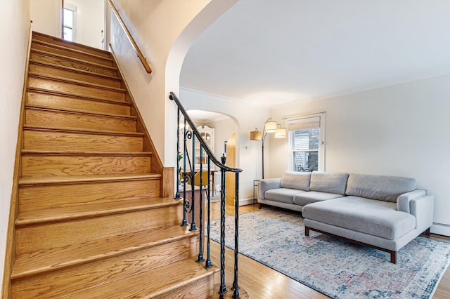 stairway with crown molding and hardwood / wood-style floors