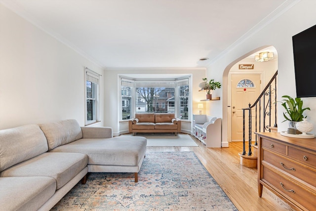 living room featuring ornamental molding and light wood-type flooring