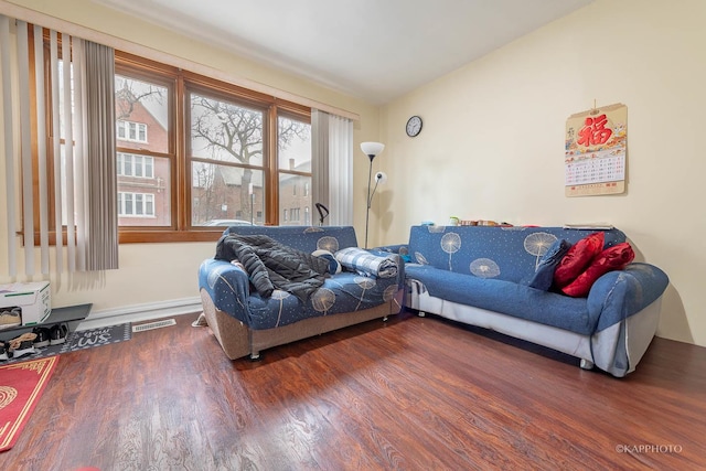 living room featuring dark hardwood / wood-style flooring and lofted ceiling