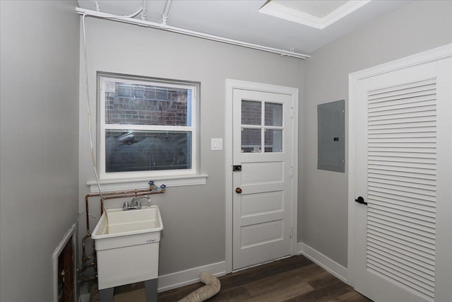 entryway with electric panel and dark hardwood / wood-style floors