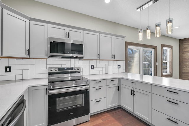 kitchen featuring tasteful backsplash, pendant lighting, stainless steel appliances, and dark hardwood / wood-style floors