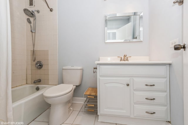 full bathroom with tile patterned flooring, shower / bath combo, vanity, and toilet