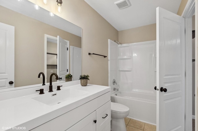 full bathroom with toilet, tile patterned flooring, vanity, and tub / shower combination