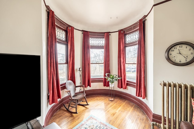 sitting room featuring radiator, wood finished floors, and baseboards