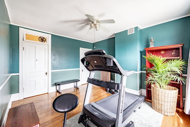 workout room with ceiling fan, baseboards, and wood finished floors