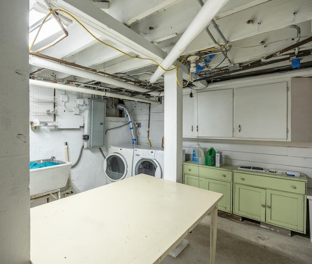 laundry room with separate washer and dryer, electric panel, a sink, and cabinet space