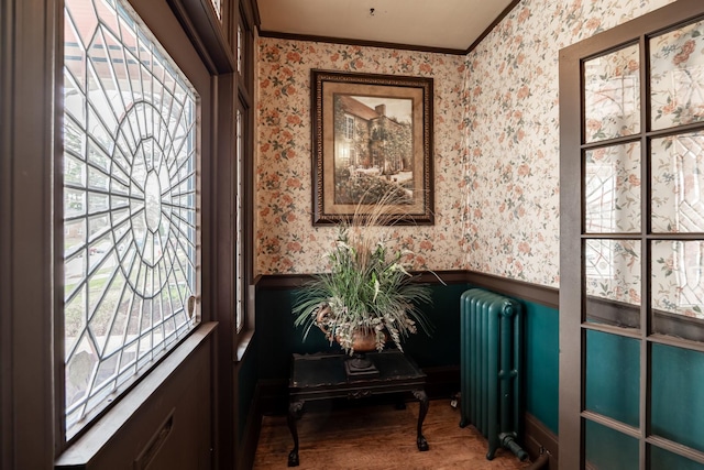 interior space featuring wallpapered walls, a wainscoted wall, ornamental molding, and radiator