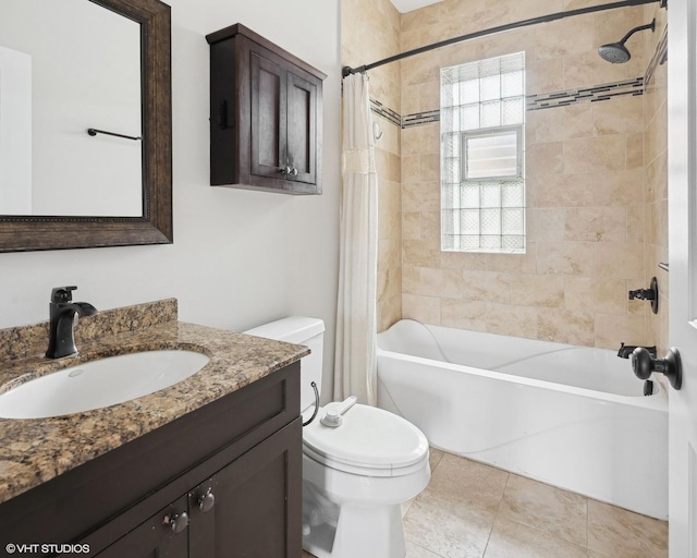 full bathroom featuring vanity, tile patterned flooring, shower / bath combination with curtain, and toilet