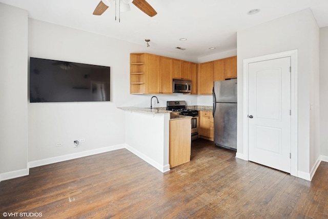 kitchen with dark hardwood / wood-style flooring, stainless steel appliances, kitchen peninsula, and ceiling fan