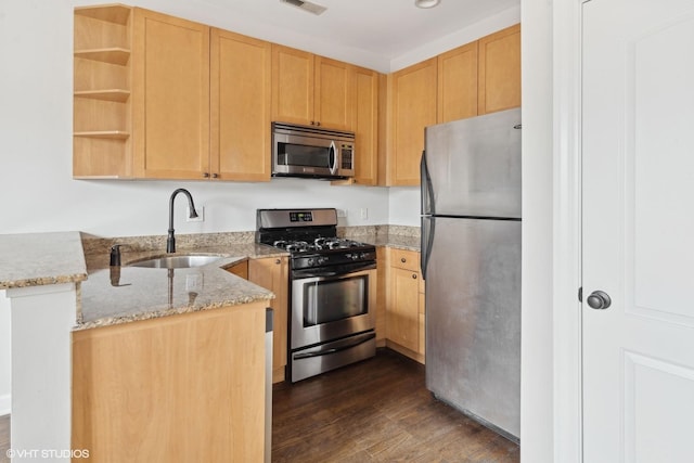 kitchen with sink, light stone counters, light brown cabinets, appliances with stainless steel finishes, and kitchen peninsula