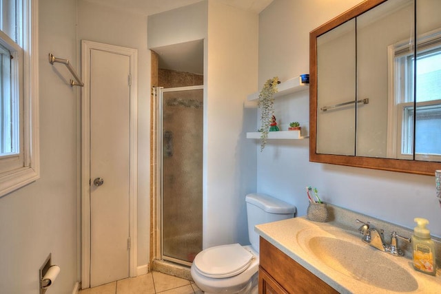 bathroom with tile patterned floors, vanity, an enclosed shower, and toilet