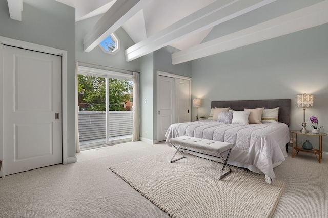 bedroom featuring high vaulted ceiling, access to outside, beamed ceiling, and carpet flooring