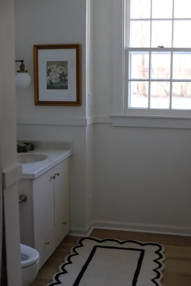 bathroom featuring hardwood / wood-style flooring, plenty of natural light, toilet, and vanity