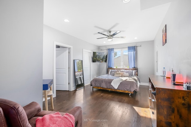 bedroom featuring ceiling fan and dark hardwood / wood-style floors