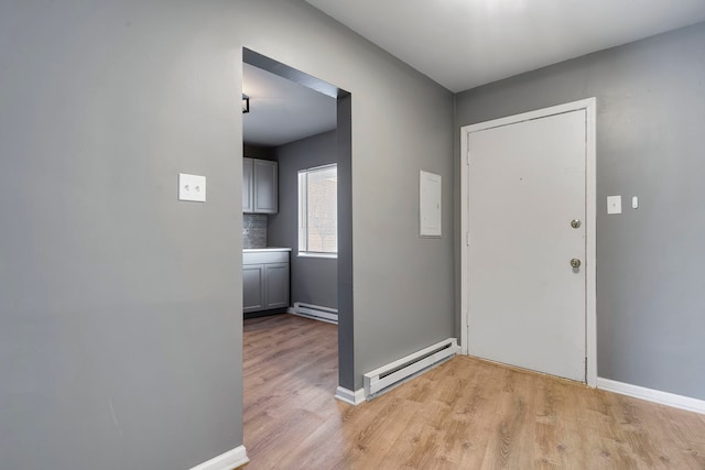 entrance foyer featuring light hardwood / wood-style flooring and a baseboard heating unit