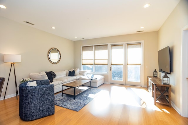 living room with plenty of natural light and light wood-type flooring