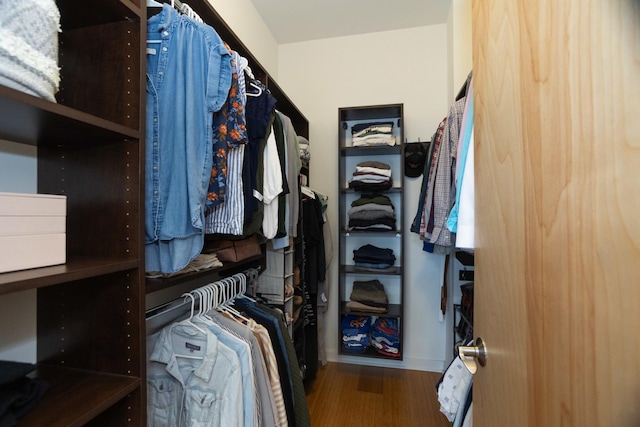 walk in closet with hardwood / wood-style flooring