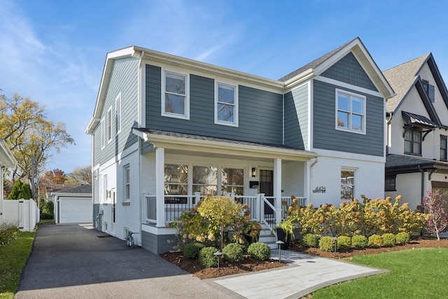 view of front of house featuring an outdoor structure, a porch, and a garage