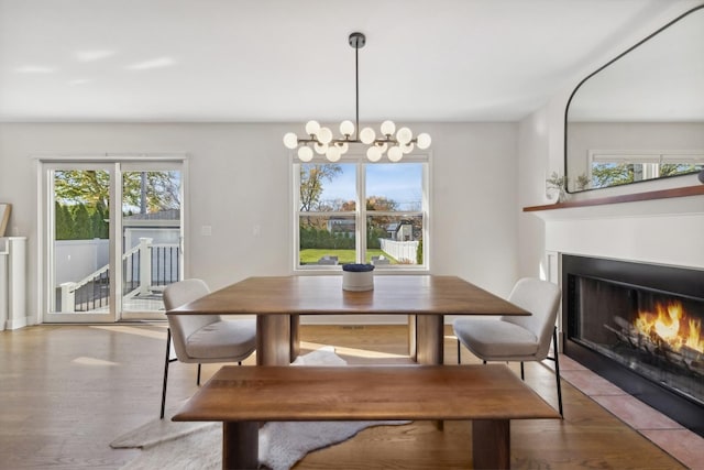 dining room featuring wood-type flooring and a chandelier