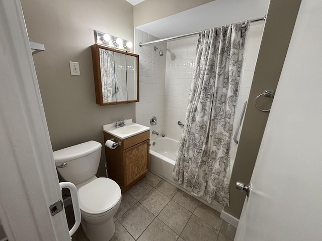 full bathroom with tile patterned flooring, vanity, toilet, and shower / bathtub combination with curtain