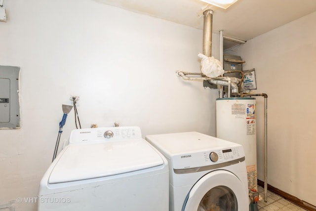 laundry area with electric panel, gas water heater, and washing machine and clothes dryer