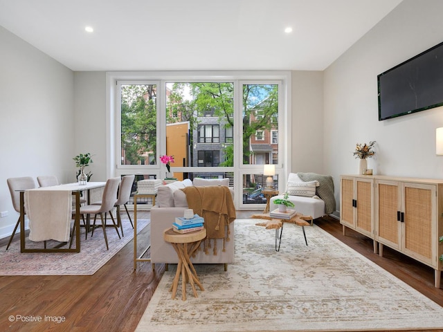 living room with floor to ceiling windows and dark wood-type flooring