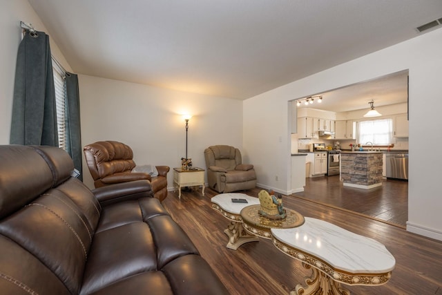 living room featuring sink and dark hardwood / wood-style flooring