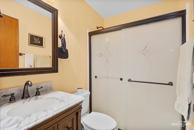 bathroom with vanity, toilet, and a shower with shower door