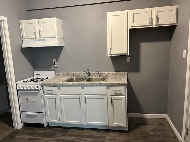 341 S Harrison Ave, Kankakee, IL 60901 - kitchen featuring white cabinets, white gas stove, under cabinet range hood, and a sink