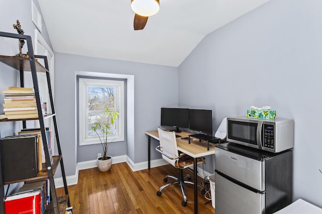 bedroom with lofted ceiling, dark wood-type flooring, and ceiling fan