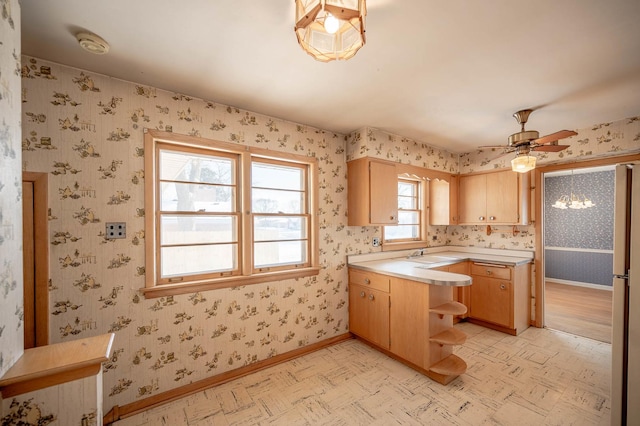 kitchen featuring ceiling fan, light brown cabinetry, and sink