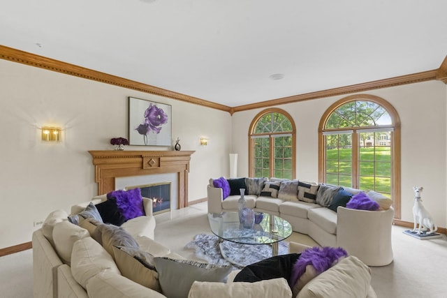 carpeted living room featuring crown molding