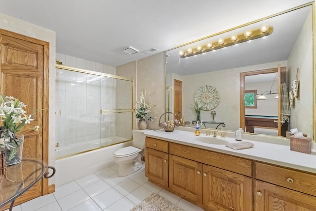 full bathroom featuring vanity, enclosed tub / shower combo, tile patterned flooring, toilet, and pool table