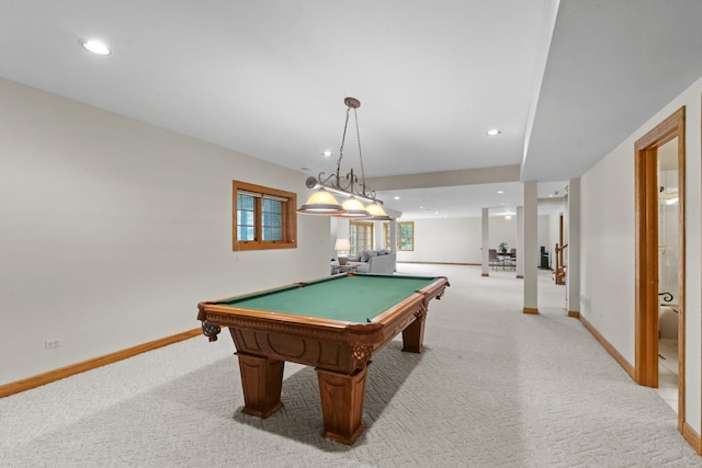 recreation room with light carpet and billiards