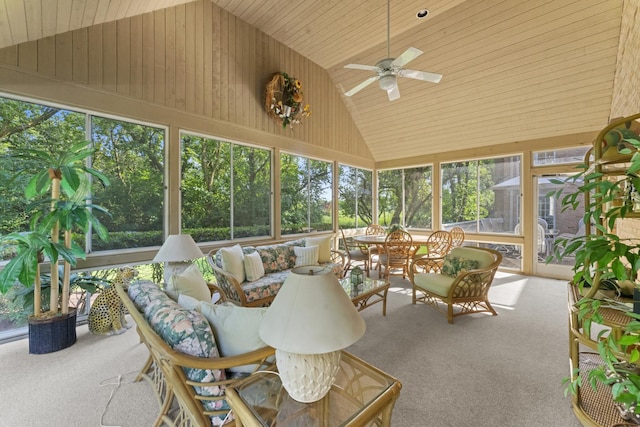 sunroom / solarium featuring ceiling fan, wood ceiling, and vaulted ceiling