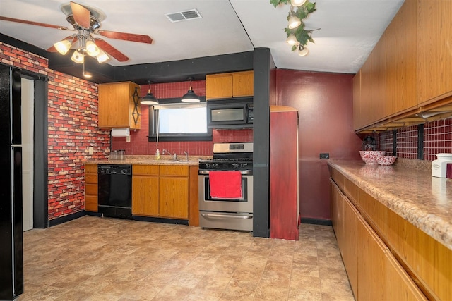 kitchen featuring brick wall, sink, ceiling fan, and black appliances