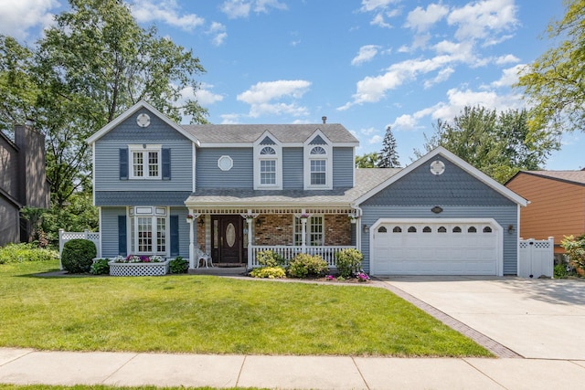2921 Autumn Dr, Woodridge, IL 60517 - victorian home with an attached garage, concrete driveway, a porch, a front lawn, and roof with shingles