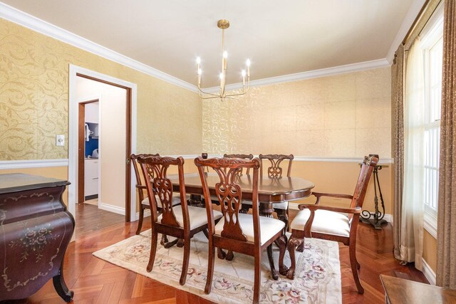 2921 Autumn Dr, Woodridge, IL 60517 - dining room featuring a chandelier, healthy amount of natural light, ornamental molding, and wallpapered walls
