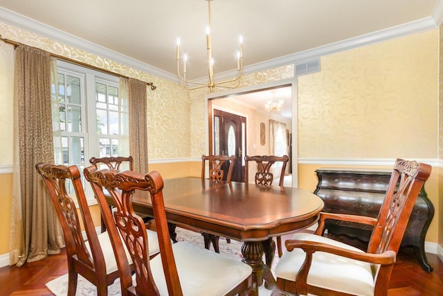 2921 Autumn Dr, Woodridge, IL 60517 - dining space with crown molding, a chandelier, wallpapered walls, and wood finished floors